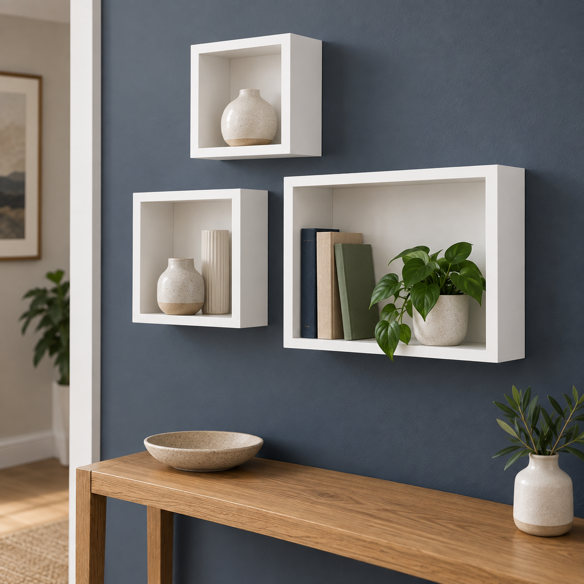 Set 3 Rafturi Cub Luxis pentru Perete, MDF Alb