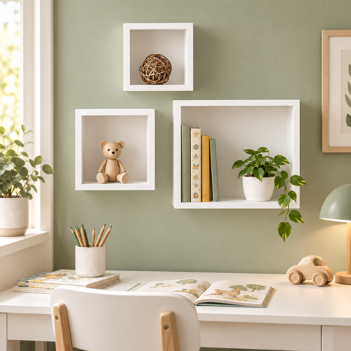 Set 3 Rafturi Cub Luxis pentru Perete, MDF Alb