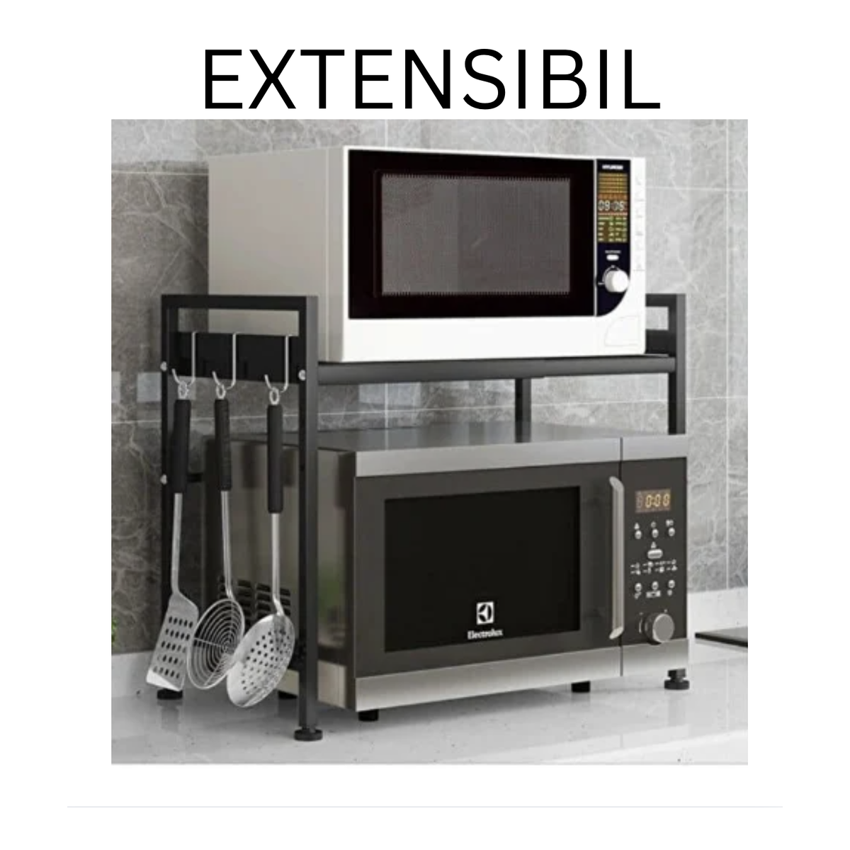 Raft extensibil metalic negru Luxis pentru cuptor cu microunde, lățime reglabilă 38–63 cm