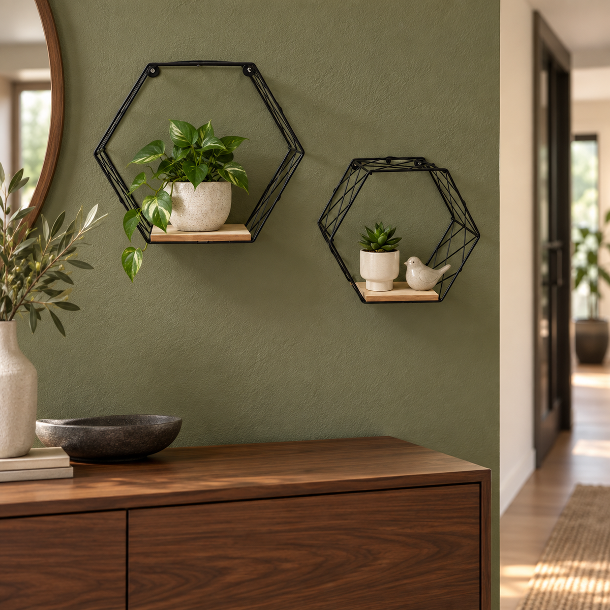 Detalii Set 2 Rafturi Hexagonale Luxis pentru Perete, Metal și MDF