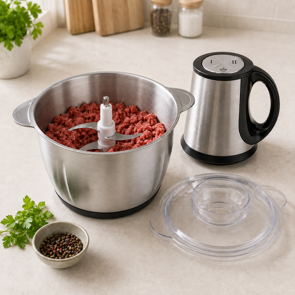 Tocător Electric Luxis - 2L, 2500W, 4 Lame Inox, 2 Viteze, Carne și Legume - LUXIS1266 cu carne tocată în bol
