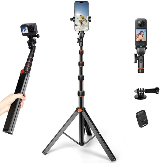 Trepied Selfie Stick Extensibil 2 în 1 - 170 cm, Control Bluetooth, Compatibil iPhone, Android, GoPro, Insta360 – Aluminiu Premium